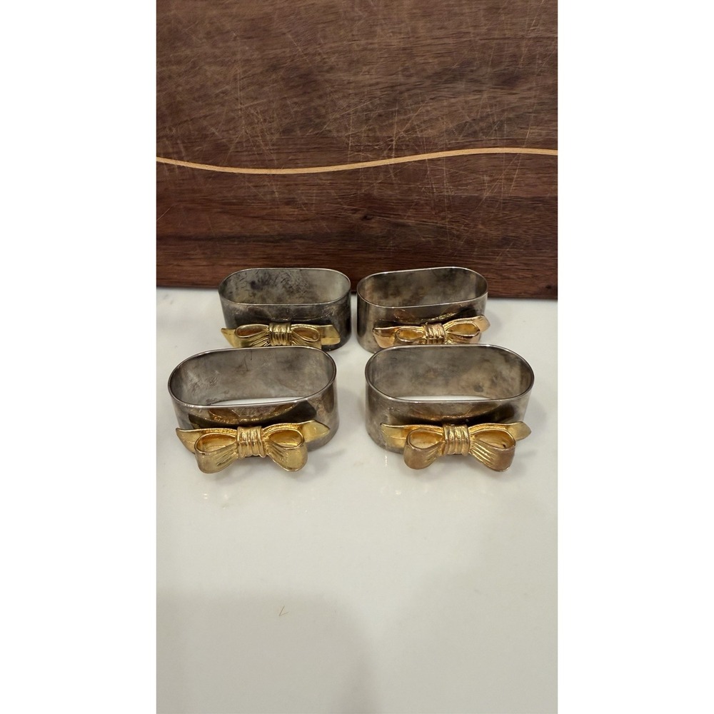 Set of 4 Vtg Audrey Silver Plated Oval Napkin Rings with Gold-Toned Bows
